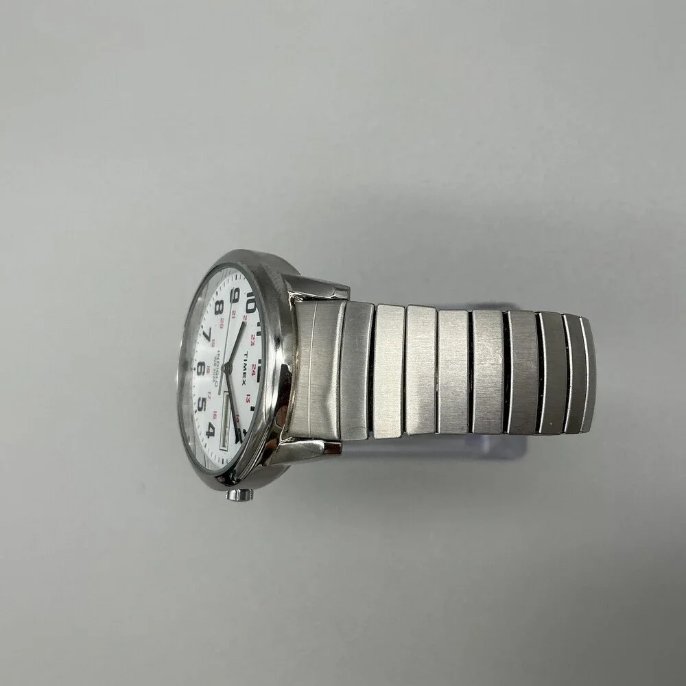 Timex Men Watch 35mm White Dial Silver Tone Stretch Indiglo Day Date New Battery